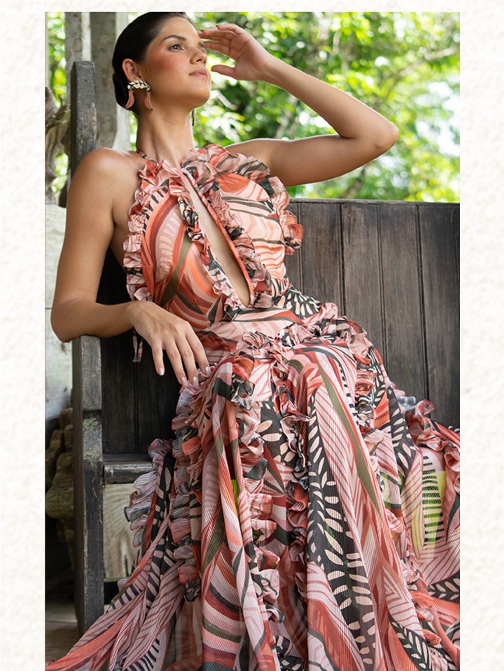 697. Shoma Halter Ruffle Maxi Dress in Coral, Olive & Cream